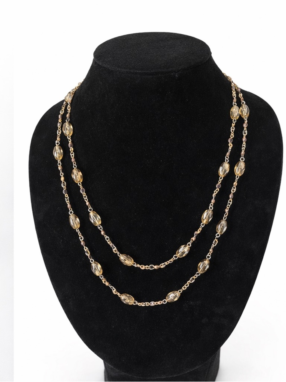 Vintage Layered Beaded Necklace Double Strand Amber Glass Boho Gold Chain
